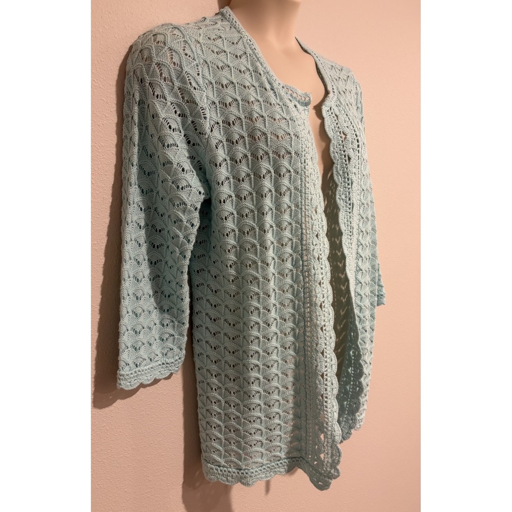 Isaac Mizrahi Aqua Crochet Knit Open Cardigan Sweater Sz L Cotton Blend Coastal
